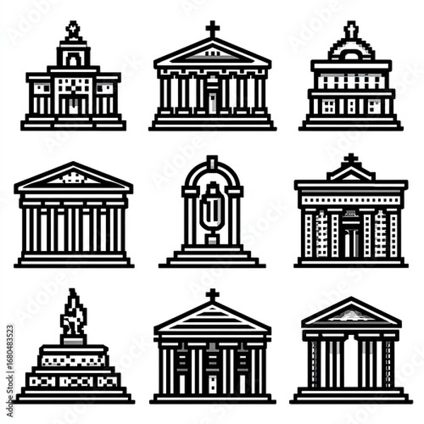 Fototapeta Nine black line art architectural building icons