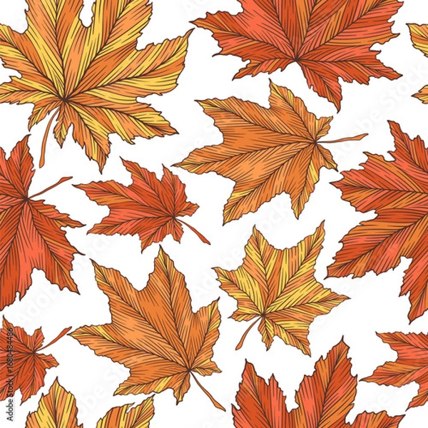 Fototapeta Abstract hand drawn colorful autumn maple leaves seamless pattern. Creative art fall leaf ornament template for fabric print, card. Foliage vector nature illustration isolated on white background