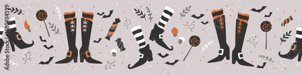 Fototapeta Happy Halloween horizontal seamless pattern with cute cartoon witch legs in shoes and boots isolated on grey background. Vector illustration template for card print banner party invitation