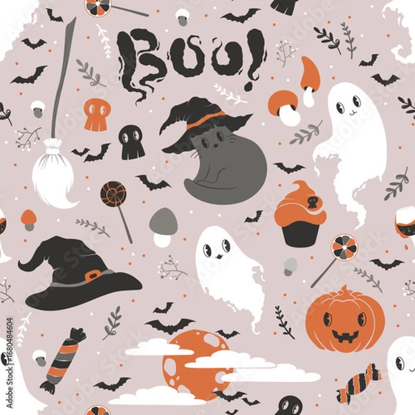 Fototapeta Happy Halloween seamless pattern with cute scary elements isolated on grey background. Vector spooky illustration template for card print banner party invitation poster
