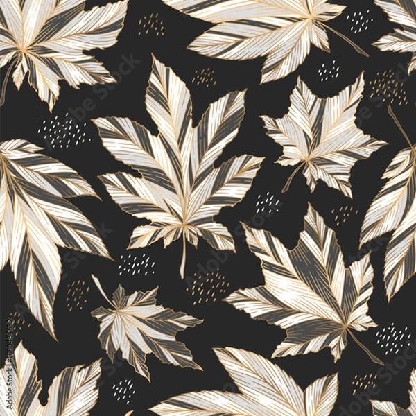 Fototapeta Gold abstract hand drawn leaves seamless pattern. Creative art leaf ornament template for fashion fabric print, card. Luxury foliage vector nature illustration isolated on black background
