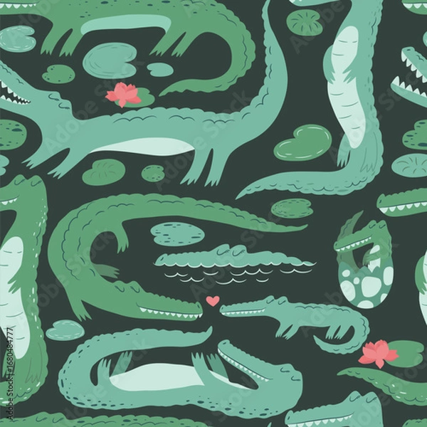 Fototapeta Seamless vector pattern with cute crocodiles, water lilies and leaves isolated on dark green background. Adorable animal design illustration for card print, poster, wallpaper, nursery decoration