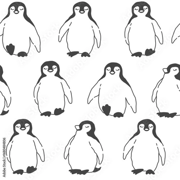Fototapeta Seamless vector pattern with cute hand drawn penguins isolated on white background. Animal design template for fabric or textile, print, wrapping paper, scrapbooking, poster