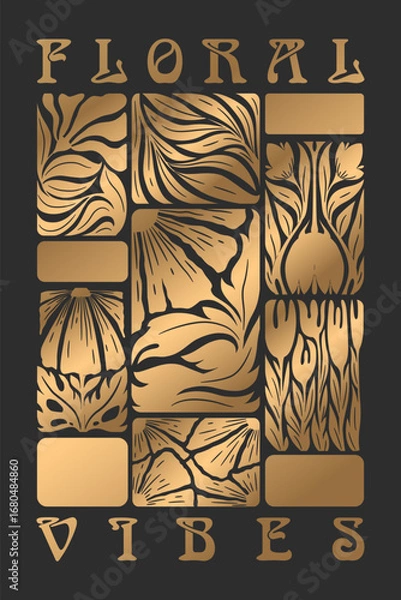 Fototapeta Vector illustration with gold abstract flowers, leaves and branches isolated on black background. Modern floral design template for poster print, wall decor, banner, card. Trendy minimal style