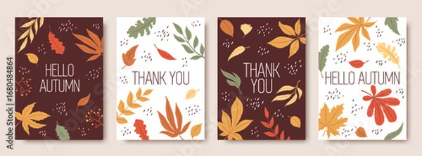 Fototapeta Vector autumn vertical greeting cards with hand drawn lettering and colorful fall leaves pattern. Seasonal natural foliage backgrounds collection. Botanical flat design vector illustrations set