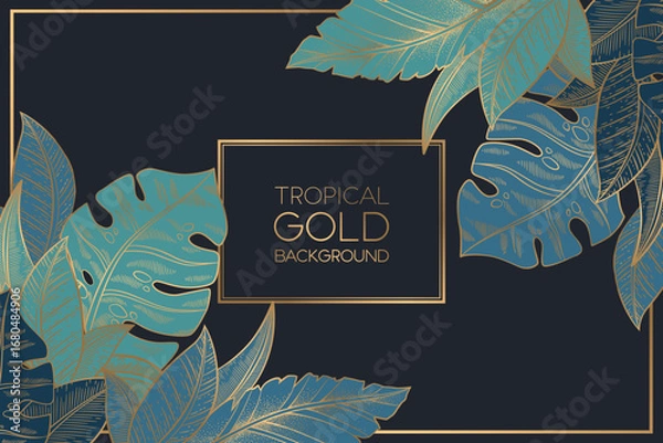 Fototapeta Vector illustration with abstract gold exotic palm and monstera leaves isolated on black background. Elegant luxury line art design template for card print, wedding invitation, wallpaper