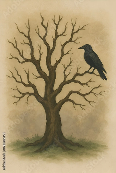 Fototapeta A lone crow perched on a bare tree branch.