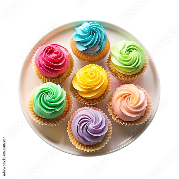 Obraz Vibrant assortment of six deliciously frosted cupcakes on a decorative plate transparent background