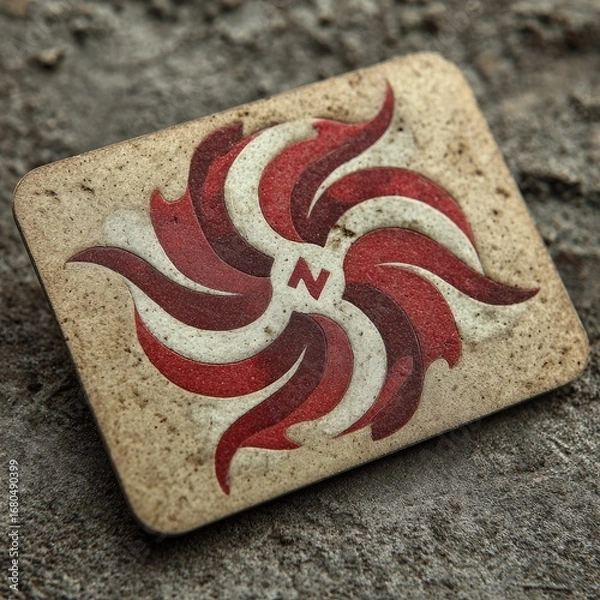 Obraz Rectangular, weathered plaque with a stylized, red and white swirling design
