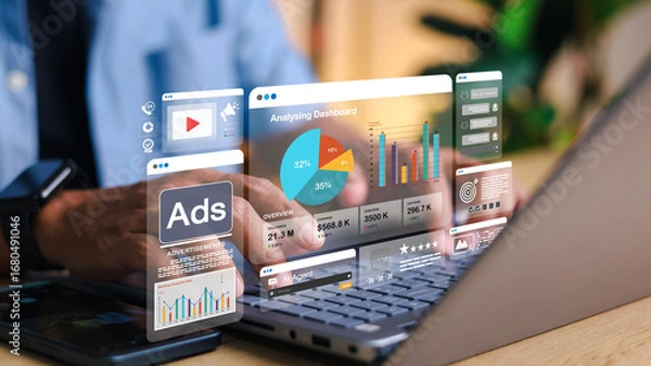 Fototapeta Marketer using digital marketing dashboard with charts, pie graphs, organization chart, and performance data. Concept of business analytics and strategic planning.