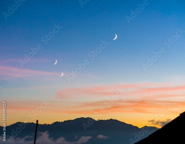 Obraz Crescent moons over a mountain range at twilight