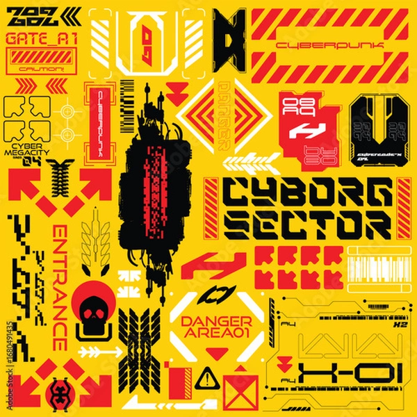 Fototapeta HUD sci-fi technology decals for futuristic gaming cyberpunk style, 2d illustration vector sticker set collection