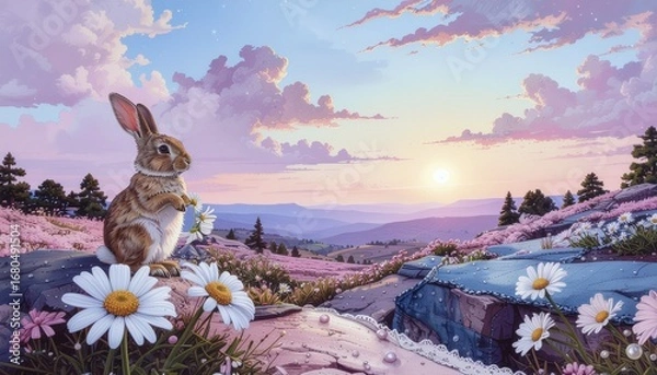 Fototapeta Charming brown rabbit holding a bouquet of daisies in a whimsical mountain meadow during a beautiful pastel sunrise