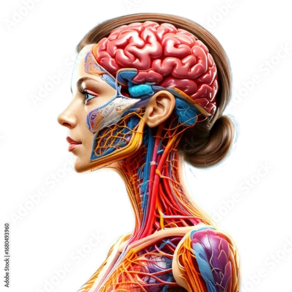 Fototapeta Whimsical Cartoon Human Anatomy with Brain and Organs, Angled Perspective, isolated.
