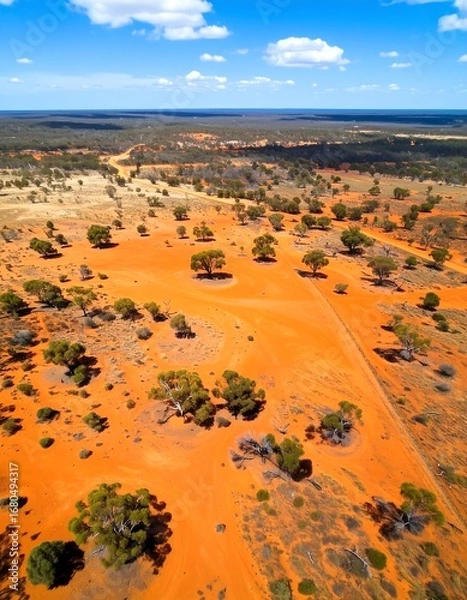 Obraz High-angle view of a vast, orange-hued landscape dotted with scrubby trees and a winding track.