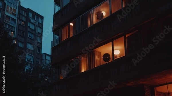 Fototapeta Nighttime urban scene featuring illuminated apartments contrasting with the dark sky evokes