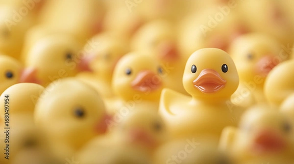 Fototapeta Floating yellow rubber ducks in a pool create a cheerful and playful atmosphere suitable for summer fun