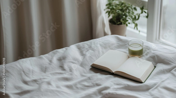 Fototapeta Cozy reading nook with a book and a green drink by the window during morning light
