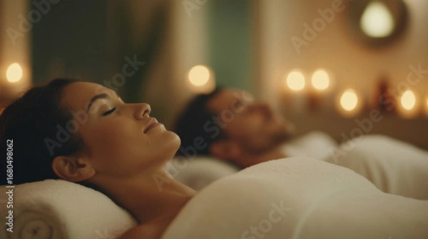 Fototapeta Relaxation session in spa with couples enjoying massages and soft candlelight ambience