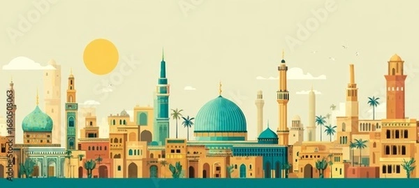 Obraz Grand mosque and city skyline. Drawing illustration design. Generative AI technology.	
