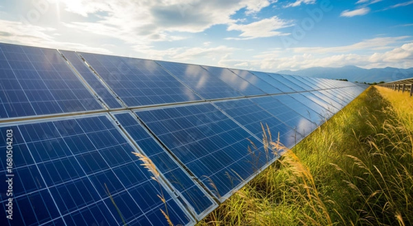 Fototapeta Large Solar Panel Farm Generating Clean Renewable Energy