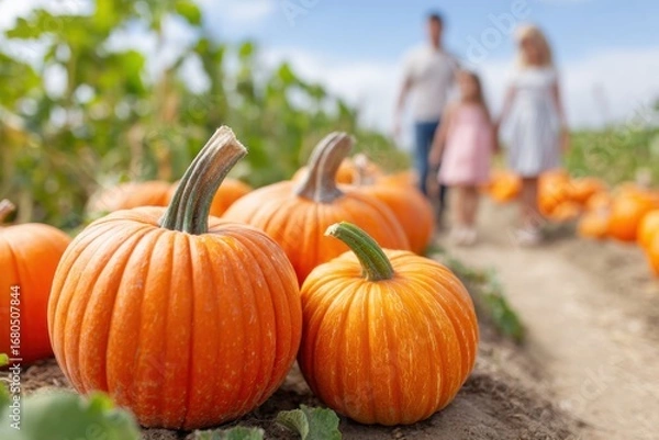 Fototapeta Pumpkins growing in a field with family walking in the background