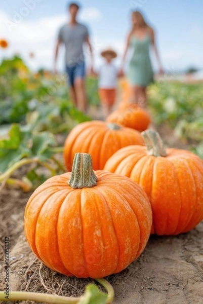 Fototapeta Pumpkins growing in field with family walking in background