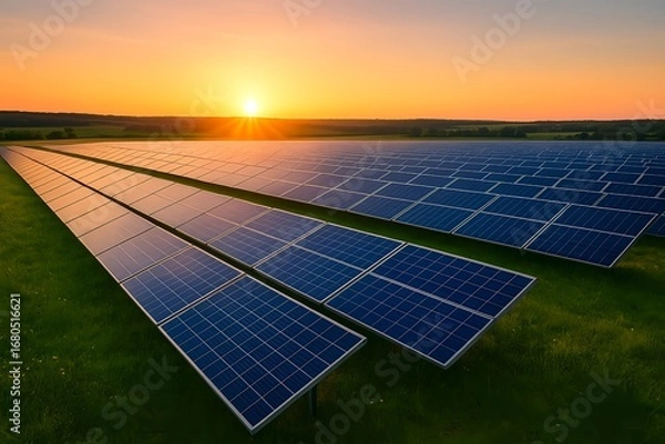 Fototapeta Large Solar Farm in Natural Landscape – Rows of Photovoltaic Panels on Grassy Field at Sunrise or Sunset