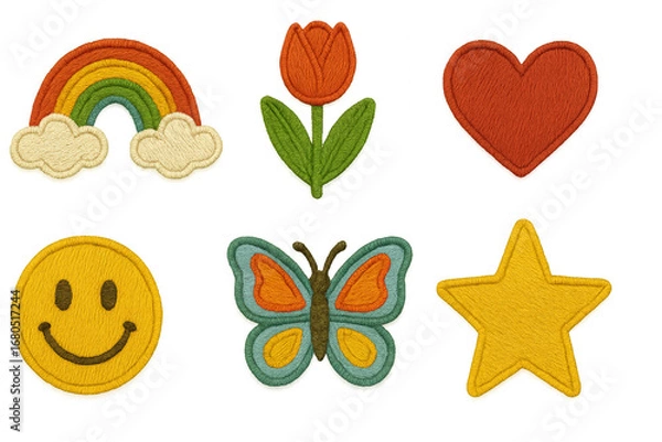 Fototapeta A Colorful Embroidery Collection Featuring Cheerful Symbols like Rainbows, Flowers, Hearts, and Butterflies on a Bright Background isolated on white or transparent png