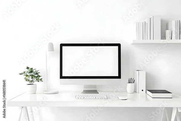 Fototapeta ultra-clean desk with all-white accessories and monitor, floating shelves on blank wall
