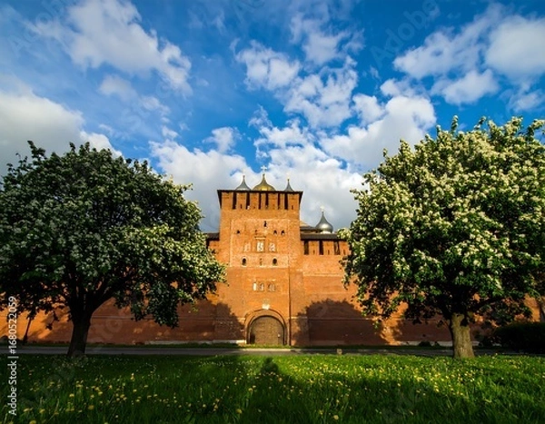 Fototapeta Red brick fortress gate, spring trees