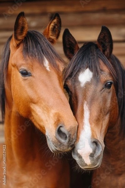 Fototapeta Two brown horses nuzzling showing affection in a stable