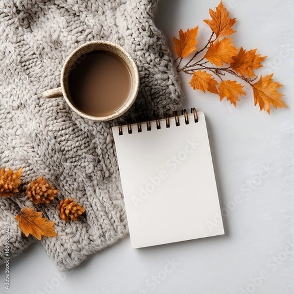Obraz Cozy autumn scene with coffee sweater and notepad