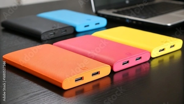 Fototapeta Colorful portable power banks and laptop on a table