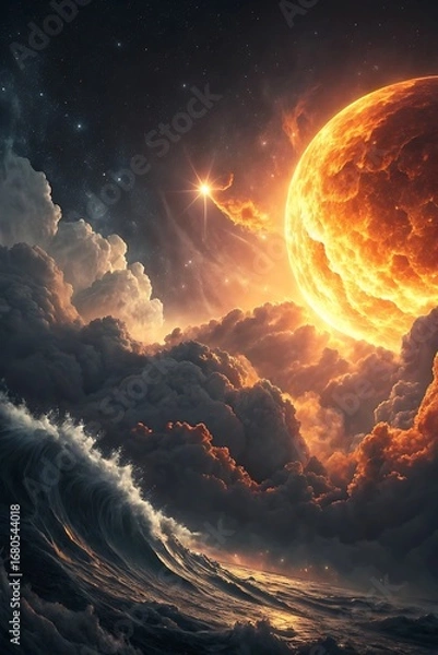 Fototapeta A large orange planet rising over dark stormy clouds and turbulent ocean waves