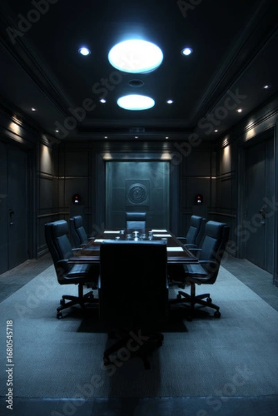 Fototapeta A fortified corporate boardroom with biometric scanners on the doors Executives review sensitive documents under armed security