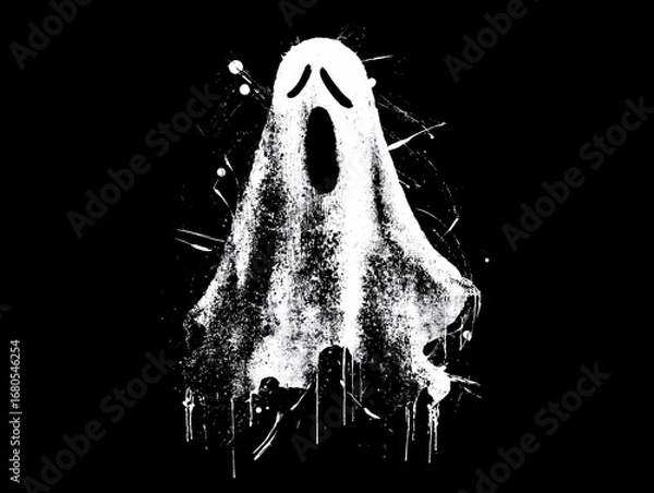 Obraz Graffiti style ghost with white paint outline and splatter effect on black background, streetwear aesthetic for hoodie print and urban design.