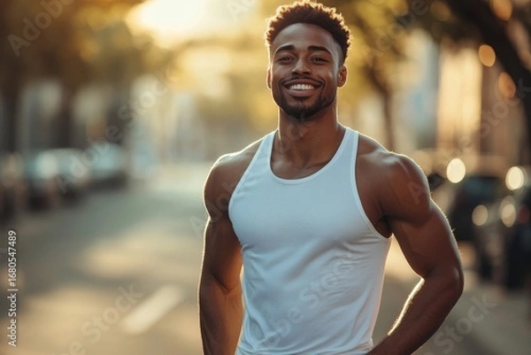 Fototapeta Portrait of a smiling and self-confident athletic man standing on a city street, holding his hands at his sides and looking to the side with poise, Generative AI