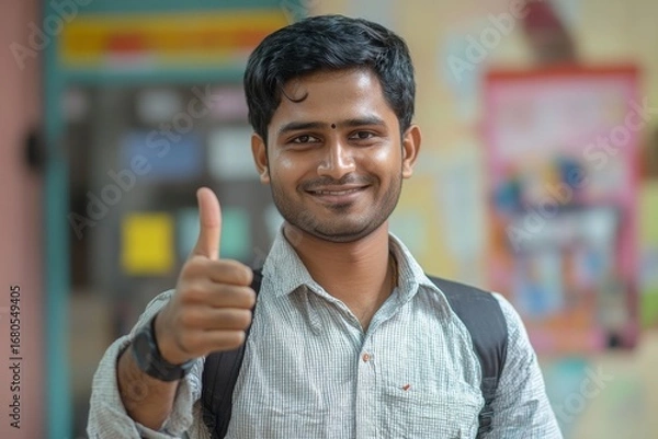Fototapeta Young Indian businessman in an office environment expresses confidence and success, reflecting professionalism in the corporate workspace, Generative AI