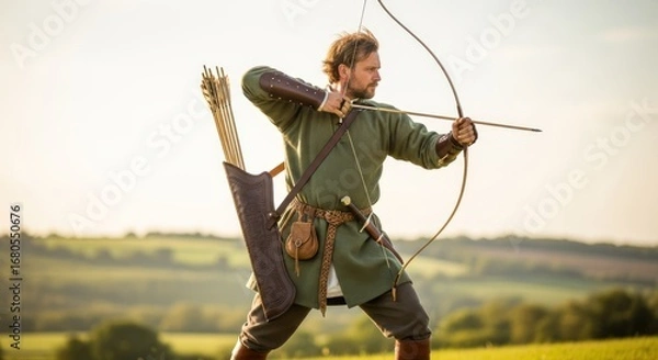 Fototapeta A medieval archer in a green tunic and leather armor, holding a bow and arrows, aiming at a target in a field with a clear blue sky in the background.