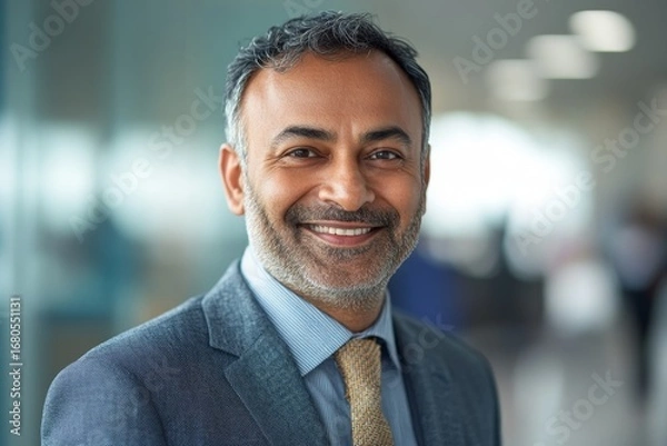 Fototapeta Confident Indian businessman smiles in a modern office environment, exuding leadership and professional confidence in a corporate setting, Generative AI