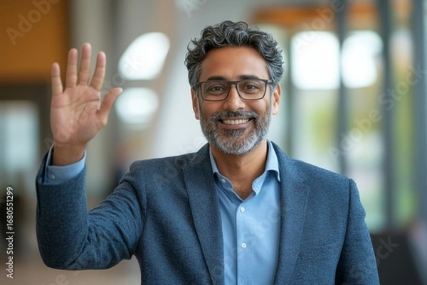 Fototapeta Cheerful Indian businessman waves hello in a modern office space, showcasing positive engagement in a professional environment, Generative AI