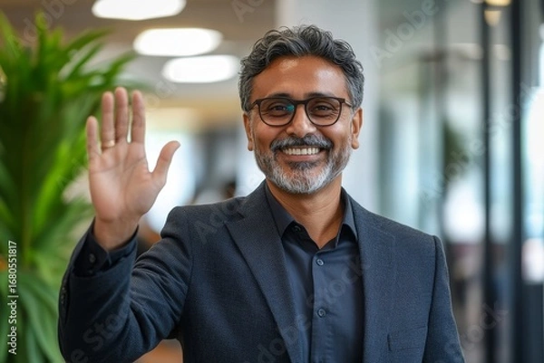 Fototapeta Cheerful Indian businessman waves hello in a modern office space, showcasing positive engagement in a professional environment, Generative AI
