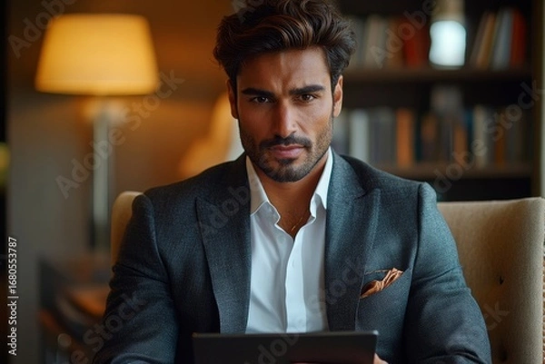 Fototapeta Contemplative Indian businessman analyzes data on a tablet in a modern office, reflecting a strategic approach to decision-making, Generative AI