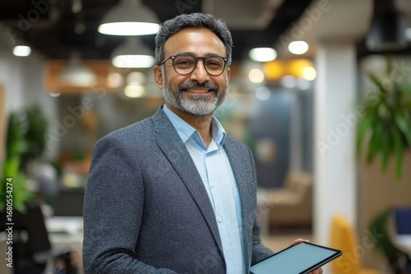 Fototapeta Cheerful Indian businessman with a tablet in a modern office, holding eyeglasses,  both productivity and style in the workspace, Generative AI