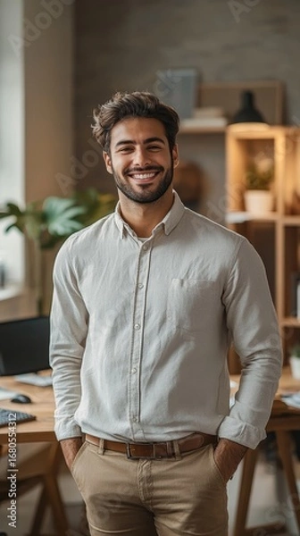 Fototapeta Smiling Indian businessman in casual attire at a modern office space,  a relaxed yet professional work environment, Generative AI