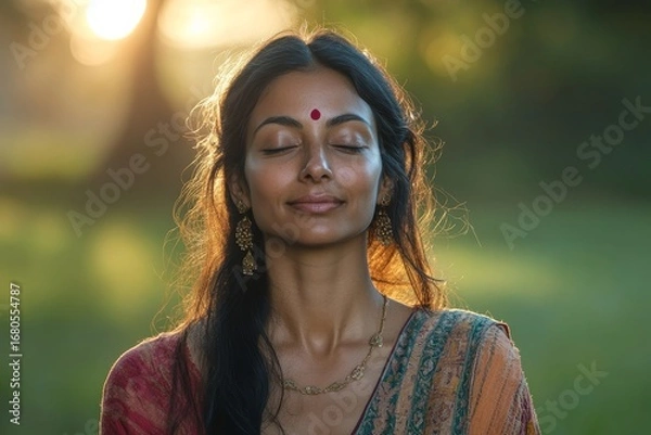 Fototapeta Active Indian woman practices yoga outdoors in a peaceful park setting, engaging in wellness and self-care through mindful movement, Generative AI