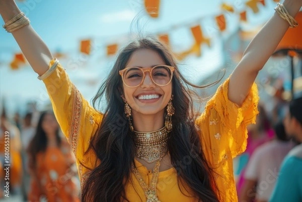 Fototapeta Joyful Indian woman waves while exploring city streets on a sunny day, relishing her sightseeing and travel experience, Generative AI