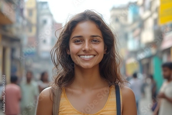 Fototapeta Joyful Indian woman touring city streets, a student enjoying urban sightseeing and exploration with a sense of discovery, Generative AI