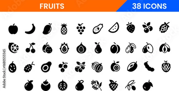 Obraz Vector pictograms of popular fruits, including banana, strawberry, pineapple, watermelon, grapes, mango, blueberries, peach, cherry, lemon, avocado, pear, and kiwi. Black silhouette glyph style.